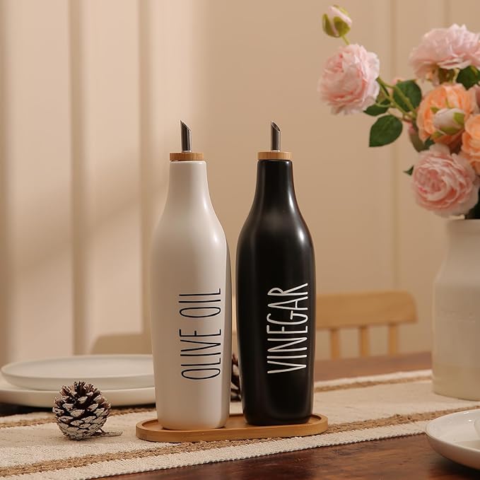 HOMCDALY Olive Oil and Vinegar Dispenser Set, 16oz Ceramic Oil Dispenser for Kitchen, Kitchen Dispenser Bottle for EVOO Vinegar Syrups, Modern Farmhouse Design| Set of 2 – P-Black&White