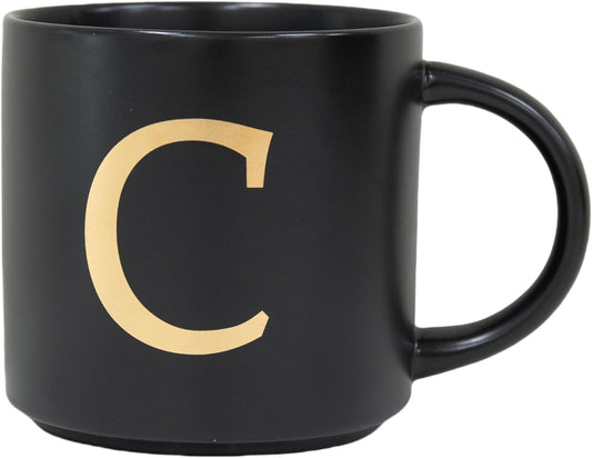 COLLECTIVE HOME - Monogram Ceramic Mugs, 15 oz Golden Initial Black Coffee Cups, Elegant Alphabet Tea Mugs, Elegant Personalized Mug with Gift Box, Unique Mug with Double Side Capital Lette (C)