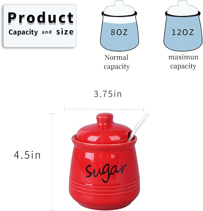 HAOTOP 12oz Sugar Bowl with Lid and Spoon,Ceramic Sugar Jar Sugar Dispenser Sugar Container Coffee Bar Accessories, Kitchen Countertop Canisters, Red