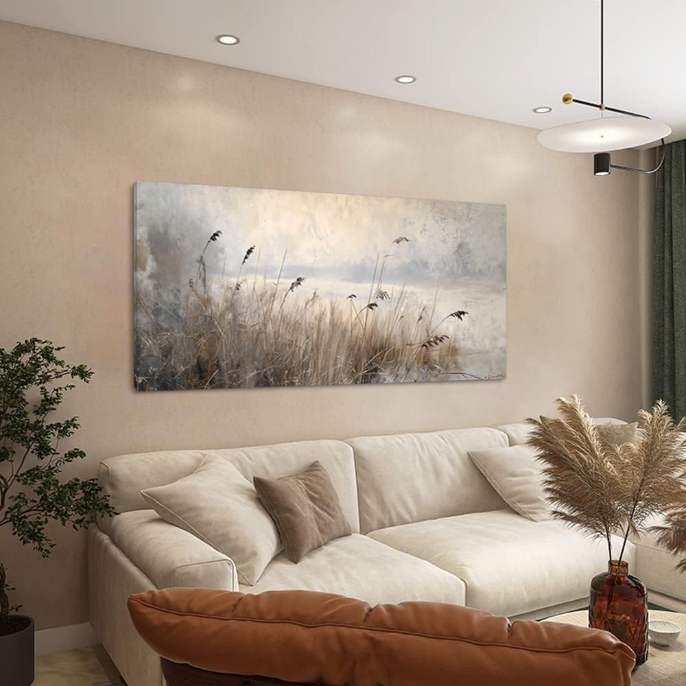 LASMOND Vintage Meadow Wall Art for Living Room Reed Grass Canvas Painting Prints Large Retro Rustic Cottagecore Countryside Landscape Farmhouse Bedroom Artwork Home Decor (58x28 Inches)