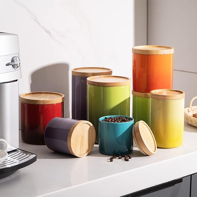 Sweejar Ceramic Food Storage Jar, Stackable Kitchen Canisters, Containers with Airtight Seal Wooden Lid for Serving Ground Coffee, Tea, Sugar, Salt and More - 28 Fl Oz (Gradient Orange)