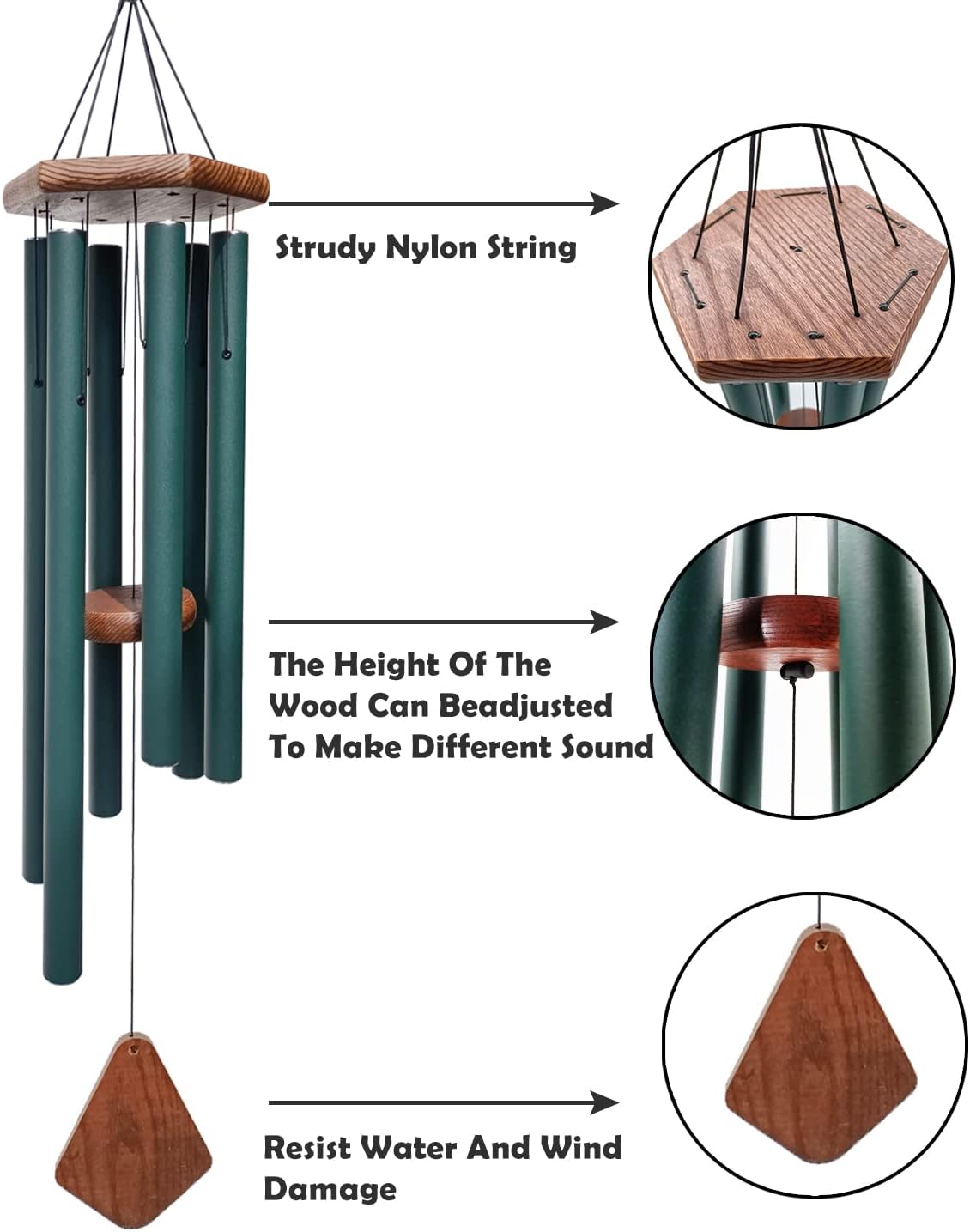 Wind Chimes Outdoor Large Deep Tone,Sympathy Wind Chime Outdoor, Memorial Wind-Chime with 6 Tuned Tubes, Elegant Chime for Garden, Patio, Balcony and Home Decor, Matte Green