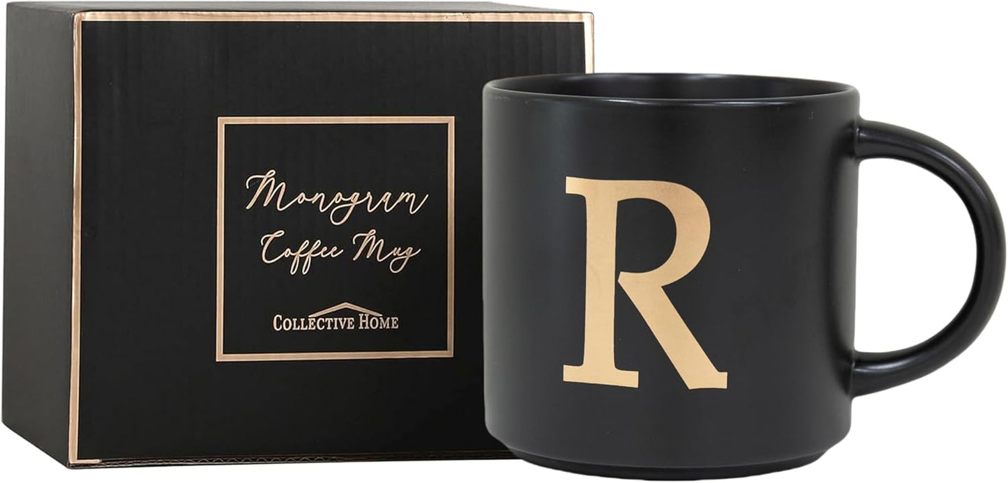 COLLECTIVE HOME - Monogram Ceramic Mugs, 15 oz Golden Initial Black Coffee Cups, Elegant Alphabet Tea Mugs, Elegant Personalized Mug with Gift Box, Unique Mug with Double Side Capital Lette (R)