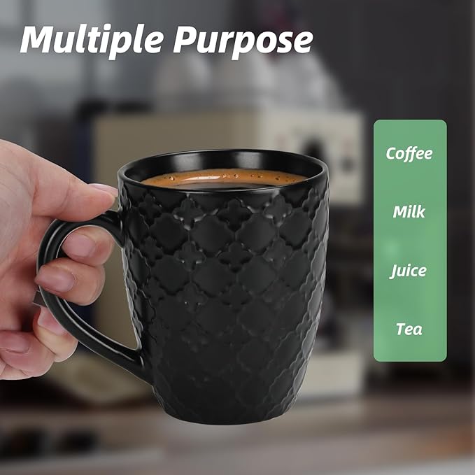 16 OZ Bone Coffee Mugs Set of 6 Matte Black, Large Ceramic Coffee Mugs Set with Different Texture Patterns, Porcelain Cups with Handle for Espresso Latte Tea Milk