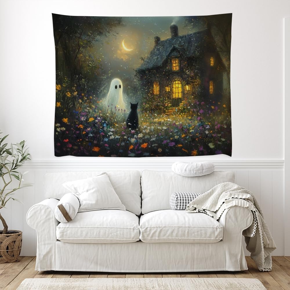 Halloween Black Cat and Ghost Tapestry Wall Hanging for Spooky Cute Bedroom Decor Dark Academia Moon Wildflower Cottage Tapestries Aesthetic for Home Living Room Decoration 60x80inch