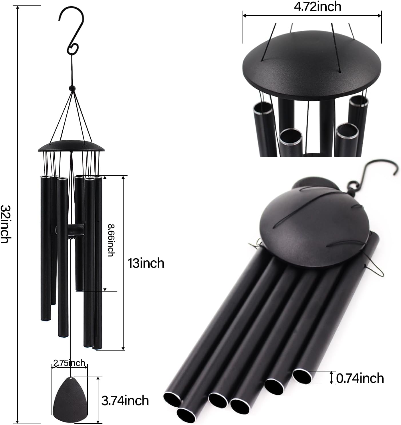 Wind Chimes for Outside, Large Aluminum Wind Chimes – Deep Tones & Soothing Melodies Ideal for Garden, Patio Decor, and Windchimes Outdoors for Loss of Loved One (32'' Black)