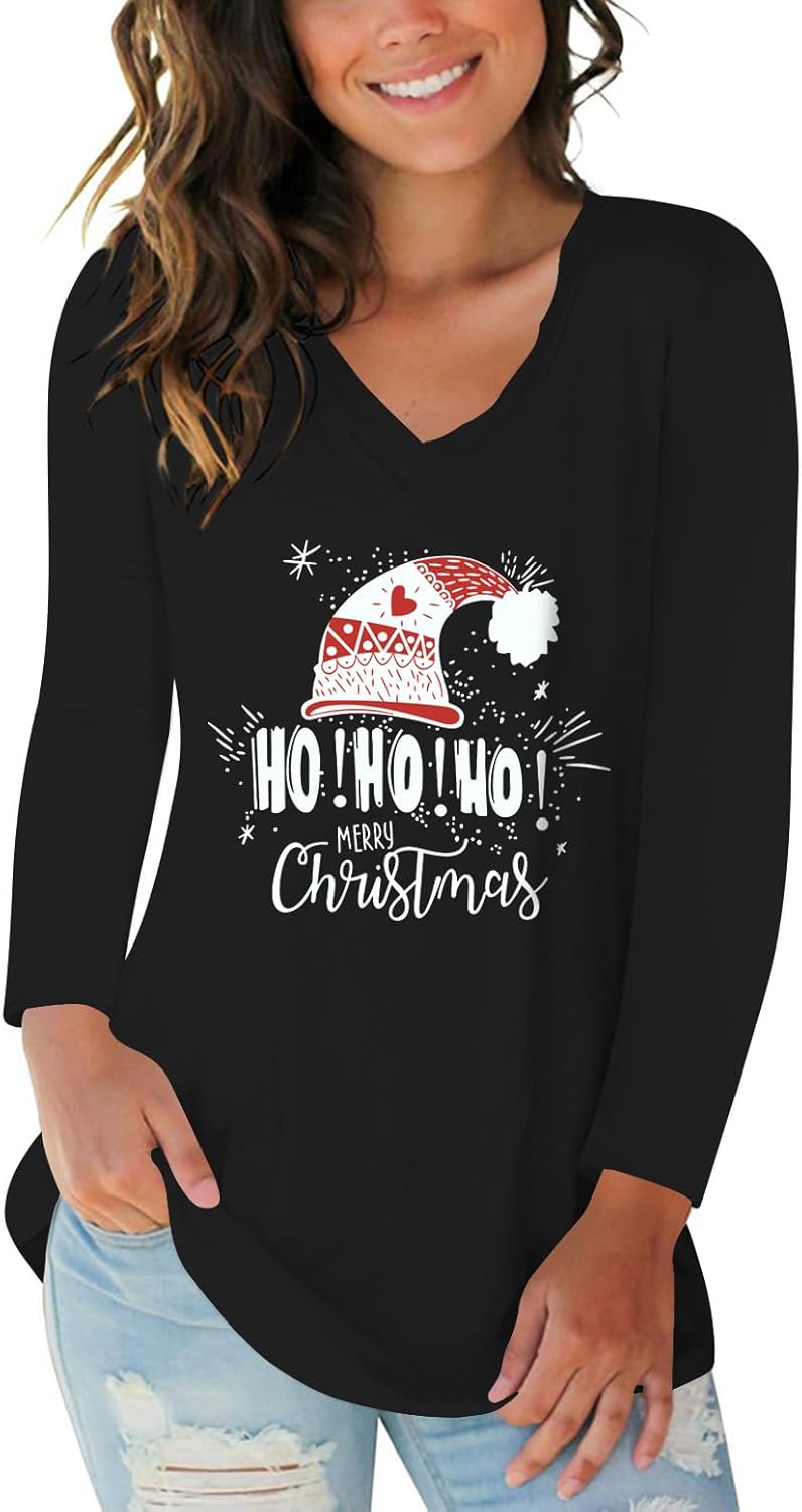 Tobrief Women's Long Sleeve V-Neck Shirts Fall Graphic Tees Loose Casual T-Shirt