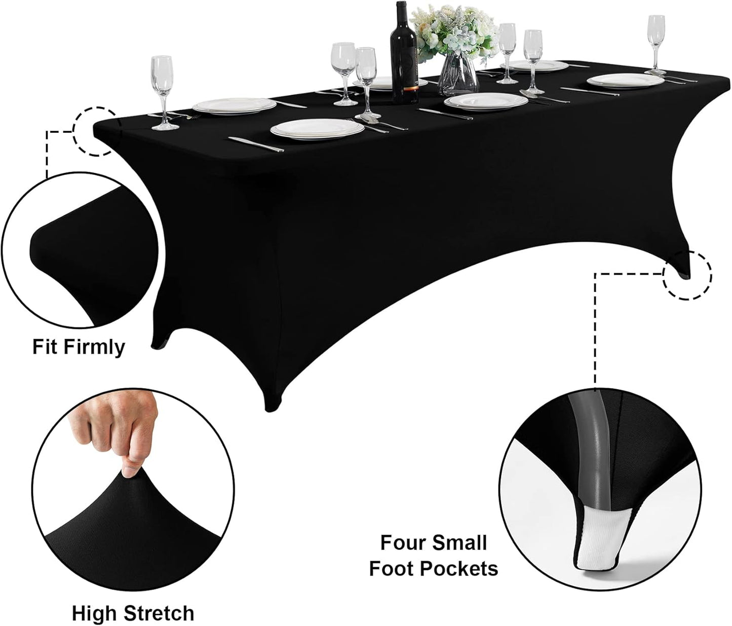 SuperO 2Pack Waterproof Spandex Table Cover for 6FT Table Universal Fitted Stretch Tablecloth for Party, Banquet, Wedding and Events-Black