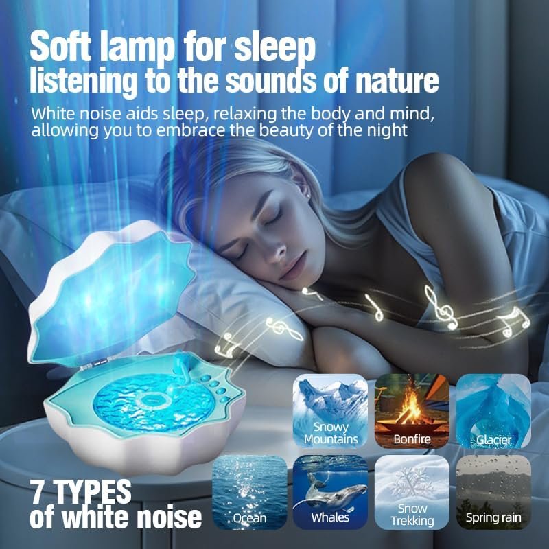 Northern Lights Projector, Night Light Projector for Bedroom Built-in Bluetooth Speaker, White Noise, Shell Night Light for Room Decor/Gift for Kids/Party/Music/Relaxation/Birthday (Blue)
