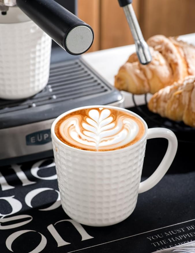 Ceramic Coffee Mugs 15 oz, Large Waffle Embossed Mug Set, Coffee Cups for Latte, Cappuccino, Cocoa, Tea, Mocha, Milk, Housewarming Wedding Present,Microwave & Dishwasher Safe - Set of 4 (White)