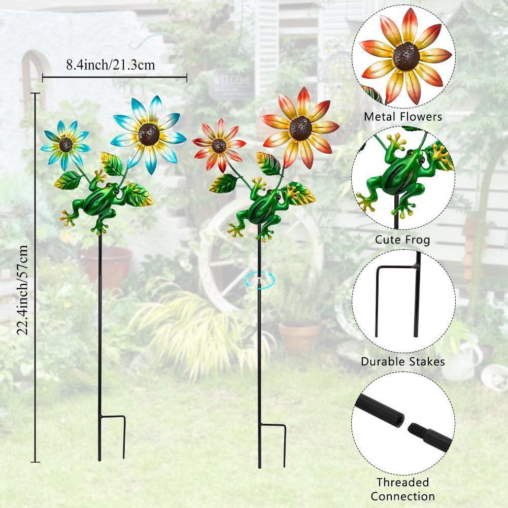 3 Pack Frog＆Flowers Garden Stakes Decor,Metal Yard Art Decorative Garden Stakes,Metal Flowers Spring Outdoor Decor for Mom,Women,Grandma