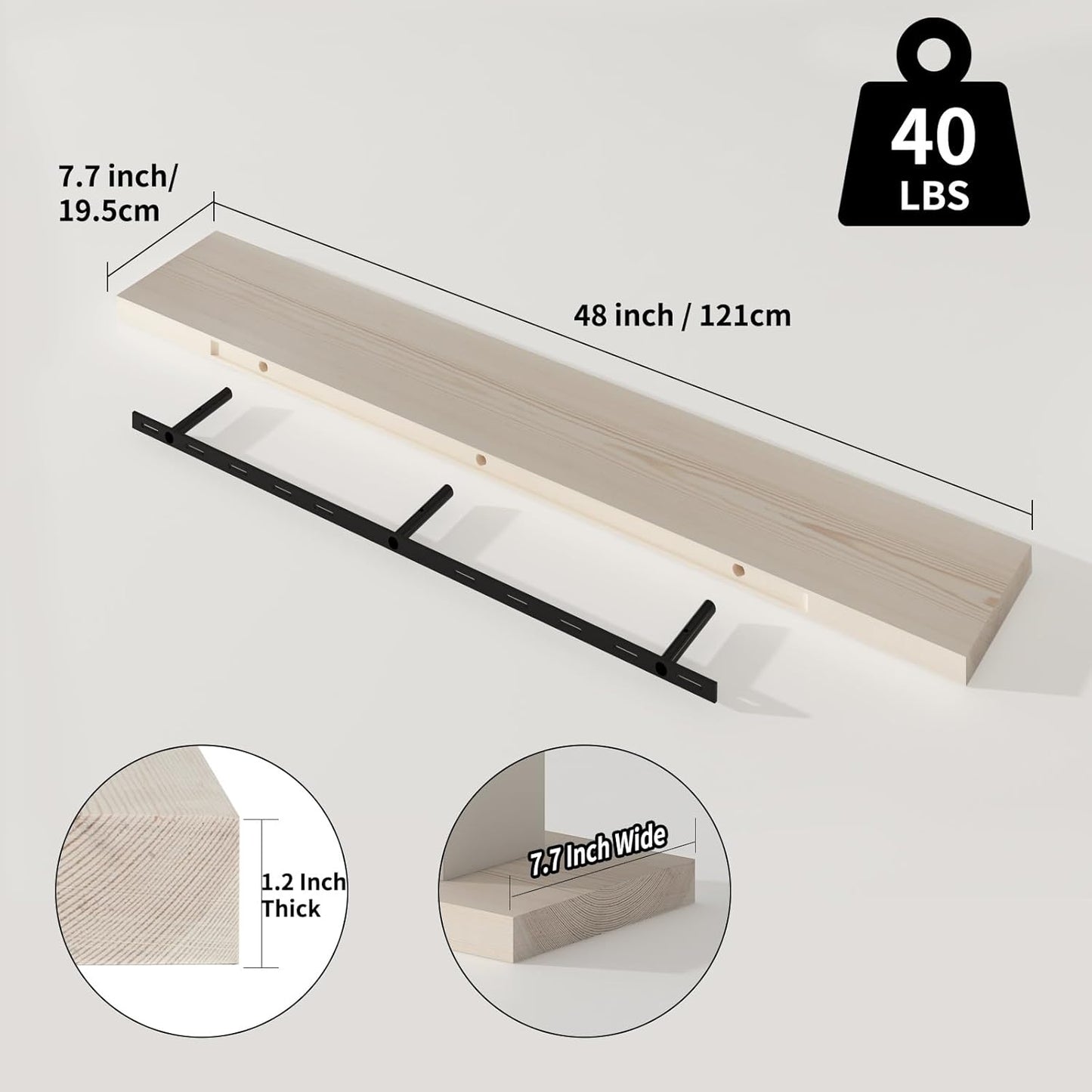 SAUMONIERES Floating Shelves 8 Inch Deep Solid Wood Wide Wall Shelf Set of 1 Wall Mounted for Bedroom Bathroom Living Room Kitchen, 48 Inch Natural