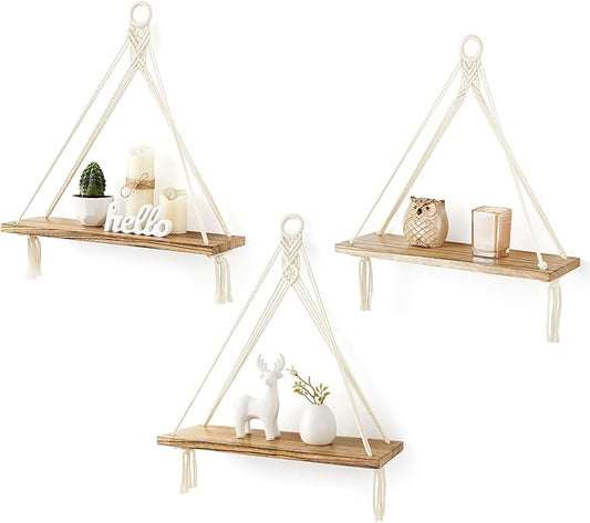 Mkono Macrame Hanging Shelves Boho Wall Decor Set of 3 Rustic Wood Floating Storage Shelf for Bedroom Bathroom Living Room Nursery Dorm Room, Display Shelving for Hanging Plants Photos