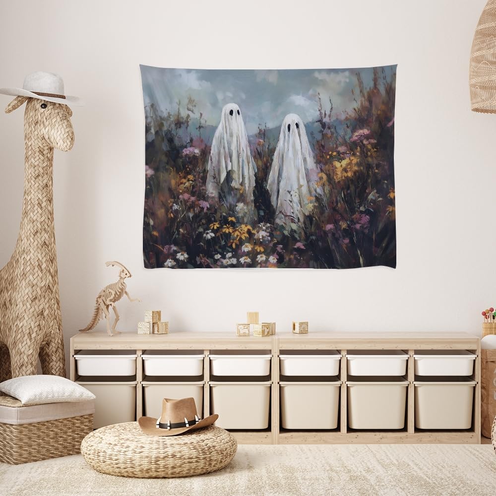 Halloween Ghosts in Wildflowers Tapestry Wall Hanging Spooky Cute Ghost Floral Tapestries Victoria Moody Artwork Aesthetic Print for Goth Living Room Bedroom wall Decor 50x60inch