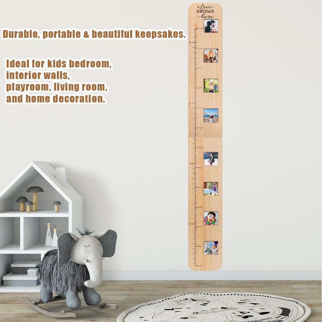 Garybank Solid Wood Growth Chart for Kids with Picture Frames, Height Measurement Ruler Milestone Markers, Foldable Kids Height Wall Chart, Christmas Keepsake Gift for Toddler Boy Girl Room Wall Decor