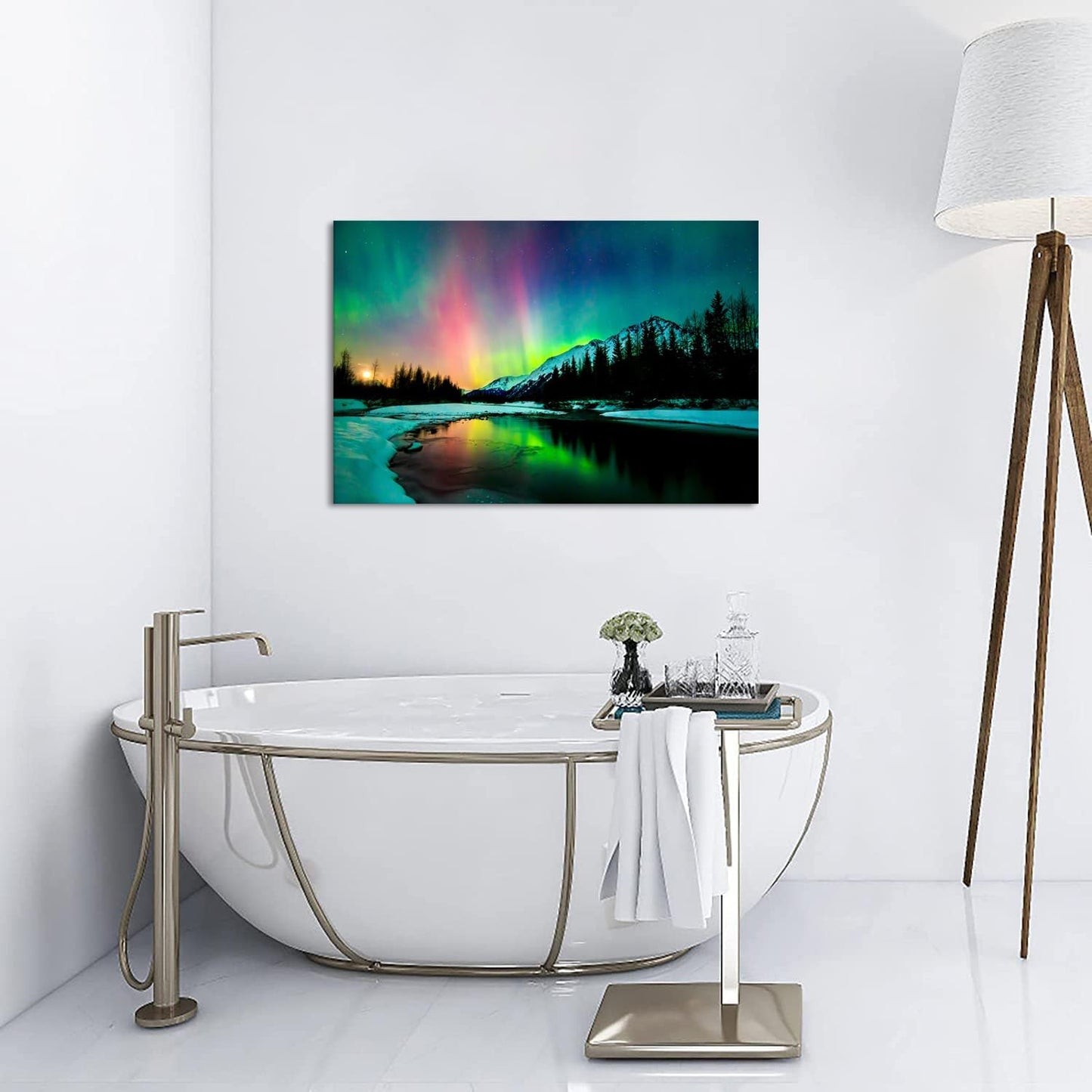 Aurora Borealis Canvas Wall Art Northern Lights Canvas Print Painting for Living Room Snowy-Mountains-Landscape Poster Picture Wooden Framed Prints Ready to Hang(12.00"x16.00")