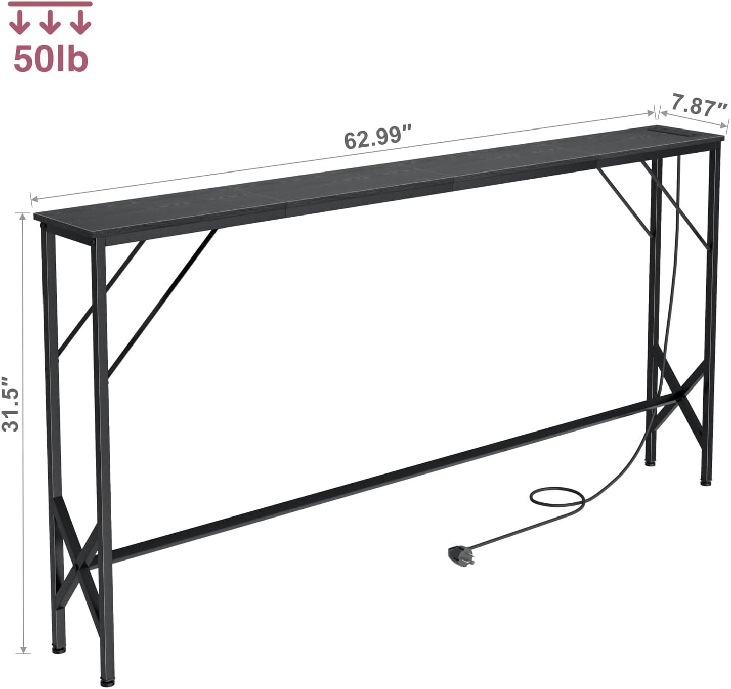 63'' Console Table, Skinny Entryway Table with Fast-Charging Station, Narrow Long Sofa Table, Behind Slim Couch Table for Entrance, Hallway, Living Room Decor ST-BK160-1