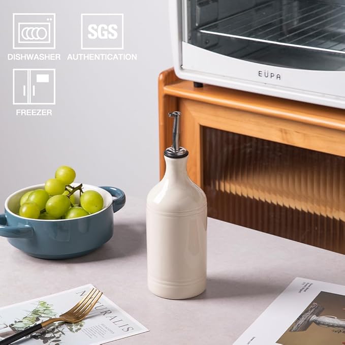 Sweejar Ceramic Olive Oil Dispenser Bottle, Opaque Oil Cruet Protects Oil to Reduce Oxidation, Suitable for Storage Oil, Vinegar, Coffee Syrups & Other Liquids, Pack of 1, 15.5 Fl Oz (Beige)