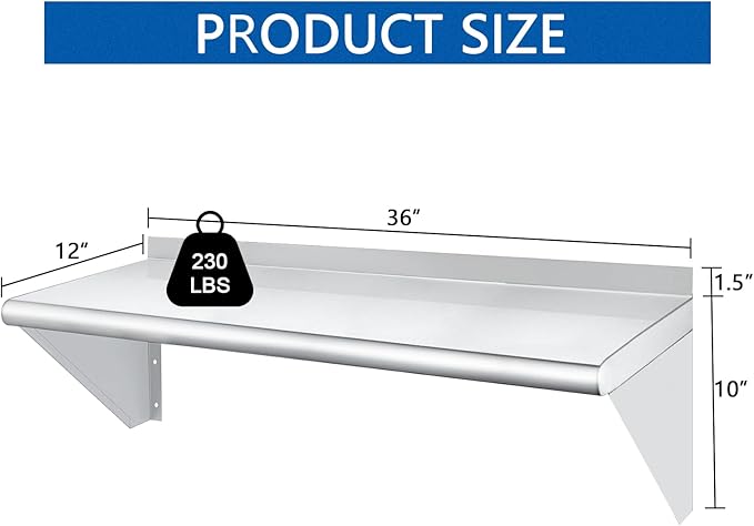 HARDURA Stainless Steel Shelf 12" x 36", 230lb Commercial Shelves Wall Mount Metal Shelving with Backsplash and Brackets for Kitchen, Restaurant, Laundry Room and Home