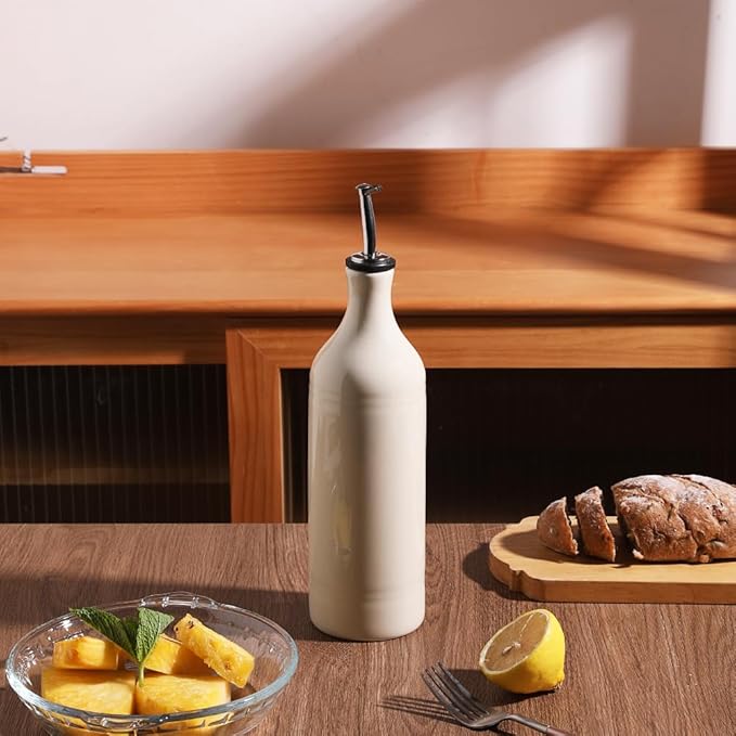 Sweejar Large Ceramic Olive Oil Dispenser Bottle, Opaque Oil Cruet Protects Oil to Reduce Oxidation, Storage Oil, Vinegar, Soy Sauce & Other Liquids, Pack of 1, 24 Fl Oz (Beige)