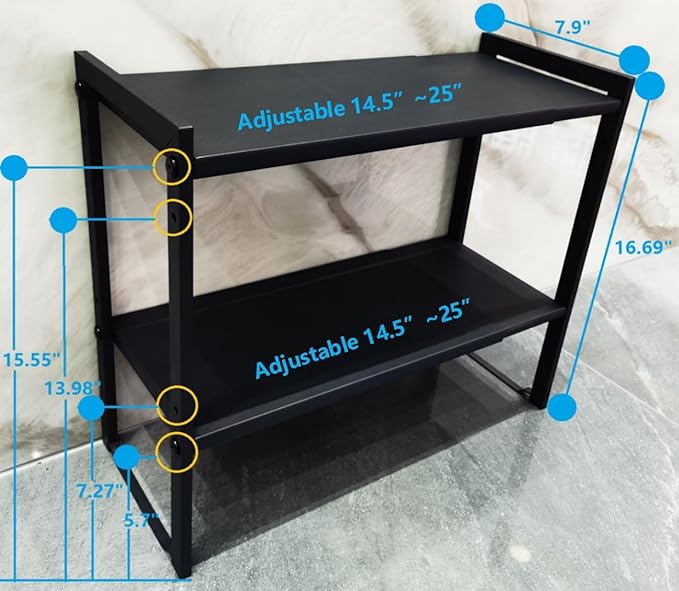 2 Tier Expandable Cabinet Shelf Organizer 14.5-25" L Kitchen Counter Shelf Rack Stand Sink Riser Countertop Storage Black (Normal 7.9”D)