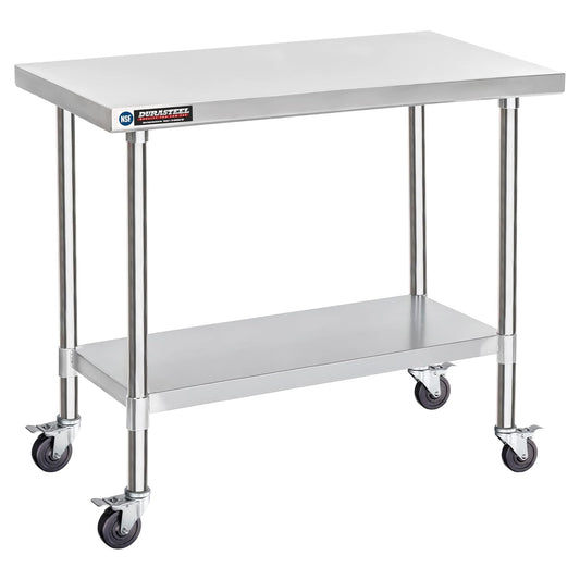 DuraSteel 30x48 NSF Stainless Steel Cart - Heavy Duty Food Prep Table with Undershelf - Rolling Kitchen Island on Wheels for Commercial Restaurant Kitchen, Garage, Outdoor Cooking, BBQ Grill, Counter