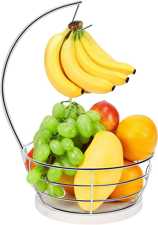 Livabber Countertop Fruit Basket Bowl with Banana Hanger, Modern Standing Fruit Vegetable Bowl Storage, with Banana Tree Holder for Kitchen Dinning Table (Round Marble, Chrome)
