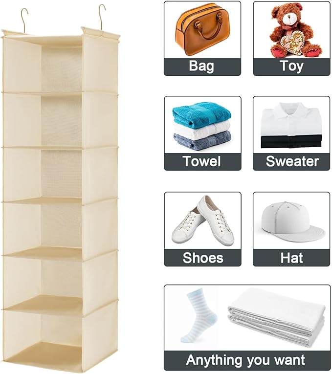 MAX Houser 6 Tier Shelf Hanging Closet Organizer, Cloth Hanging Shelf with 2 Sturdy Hooks for Storage, Foldable (Beige)