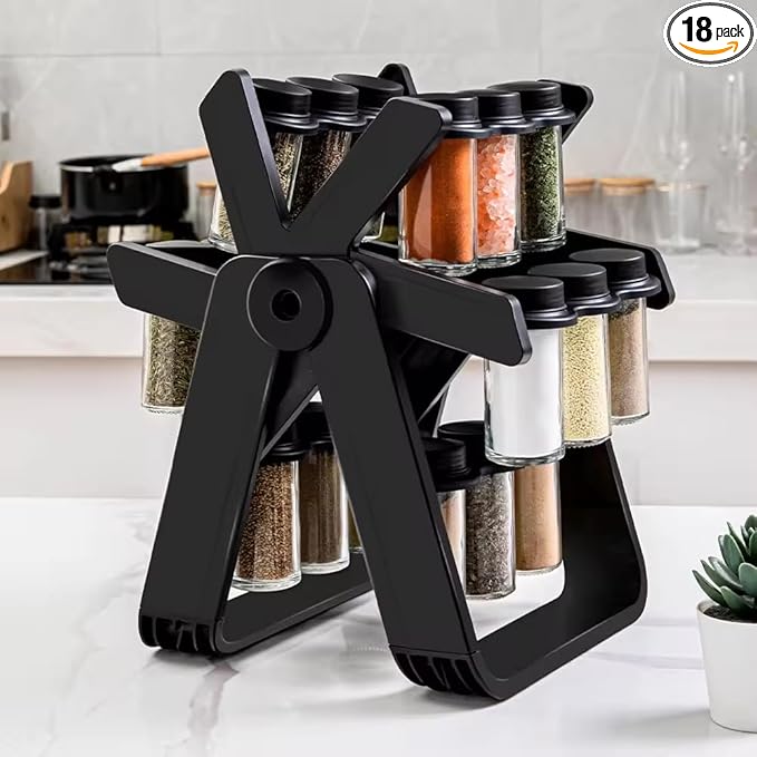 A&K's Rotating Spice Rack Organizer, 18 Glass Jars, 360-Degree Turntable, Black, Comes with Spice Label Stickers, Funnel, and Water Pen. Best for Kitchen Organization, Countertop, Pantry, and Cabinet.