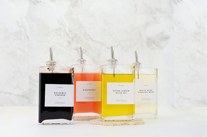 Molimoli Olive Oil Dispenser Bottle for Kitchen, Automatic Pourer, Glass Dispenser for Kitchen, Olive Oil Cruet, | Set of 4 - Silver