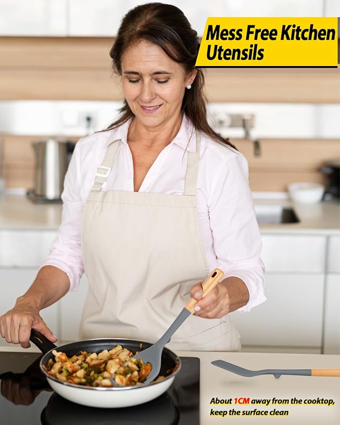 Pack of 2 Large Silicone Spatula, Heat Resistant Solid Turner, Non Stick Slotted Spatulas with Wooden Handle, Ideal Kitchen Utensils for Flipping, Pancakes, Eggs, Fish(GRAY)