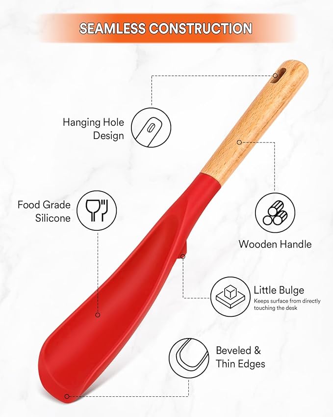 Cooking Spoon for Nonstick Cookwares, Great for Cooking and Serving Sturdy BPA-Free Matte Silicone, Wood Handle Spoon for Mixing, Scoop, and Scrape (2 Pack of Red, 11.4 inch)