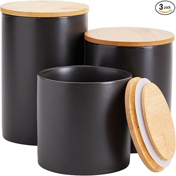Farmlyn Creek Set of 3 Matte Black Kitchen Canister with Airtight Wooden Bamboo Lids, Kitchen Counter Containers, Food Storage Jars, Ideal for Storing Sugar, Coffee and Other Dry Goods, (3 Sizes)