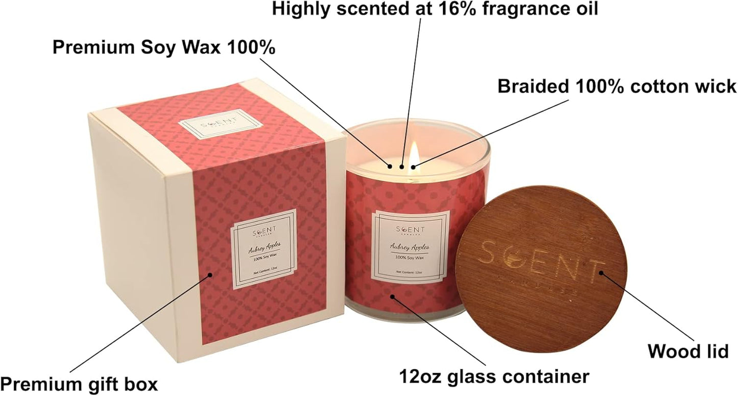 | Highly Scented Candles - Aromatherapy Candles for Home | Aubrey Apple Candle | 12oz Glass Jar | 100% Natural Soy Wax Candles | Burn Time 60-70 Hours