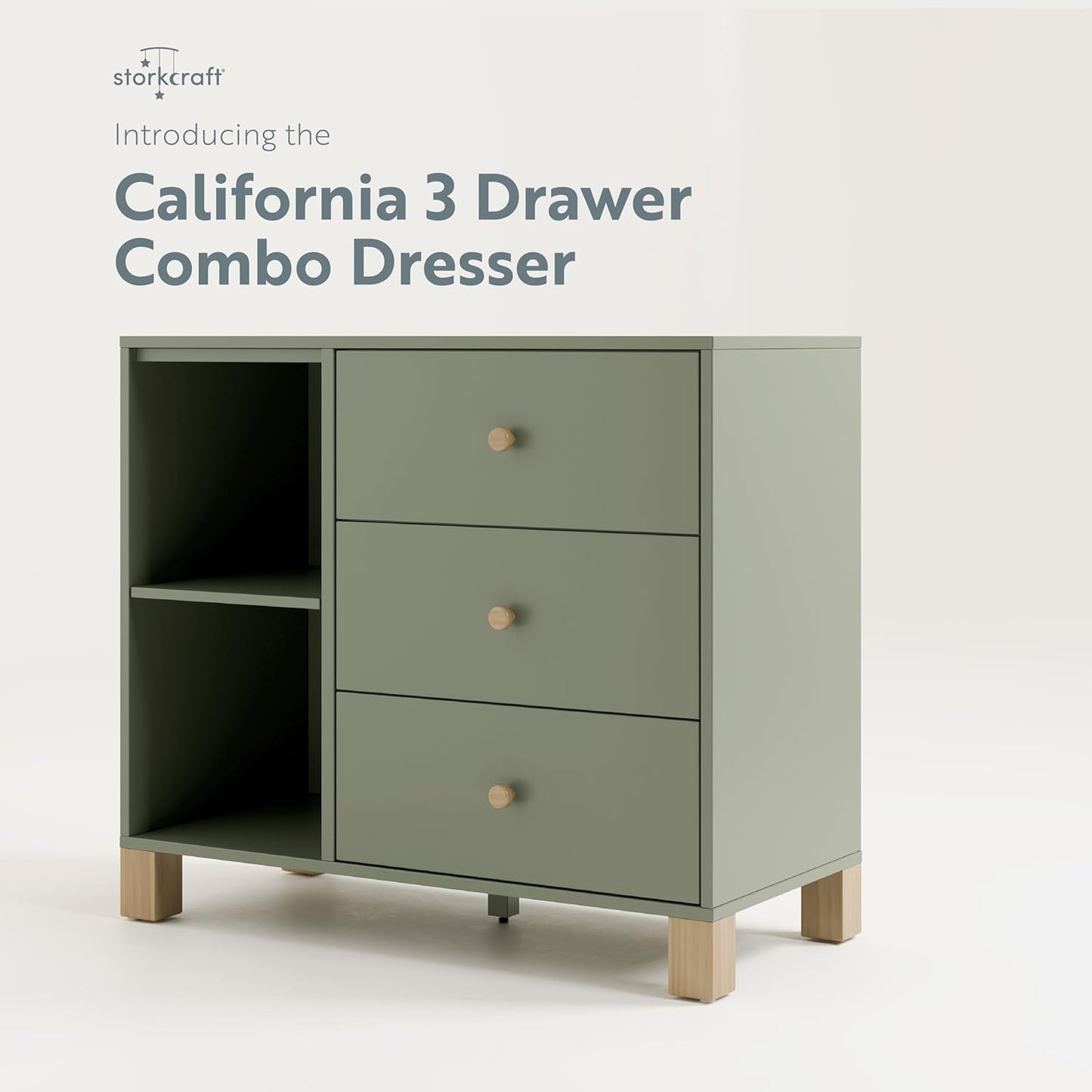 Storkcraft California 3 Drawer Combo Dresser (Olive with Driftwood) – GREENGUARD Gold Certified, Interlocking Drawer System, Pre-Installed Drawer Tracks for Easier Assembly, Spacious Cabinet