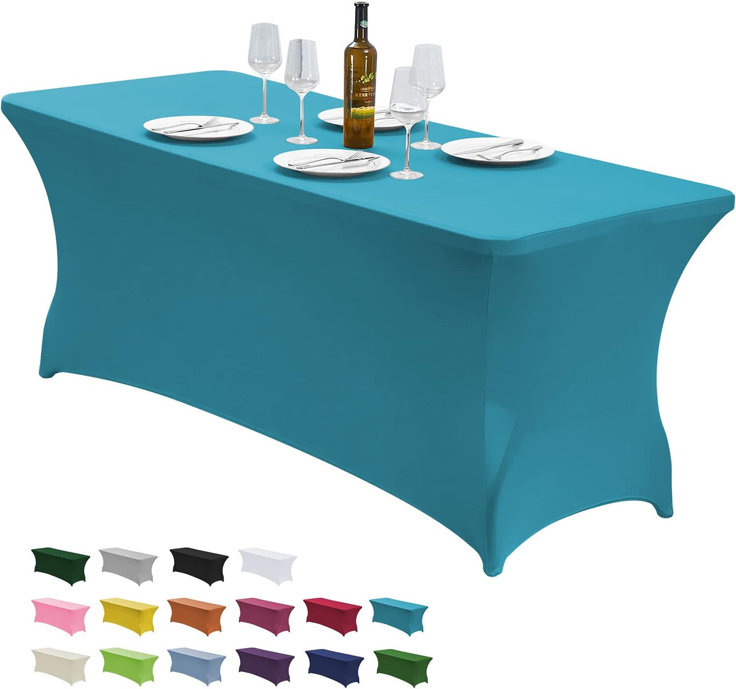 CWK 8FT Waterproof Stretch Spandex Table Cover for Rectangular Tables - Elastic Fitted Tablecloth for Folding Tables,Wrinkle Resistant Table Cloth for Parties, Weddings, Banquets & Events (Teal)