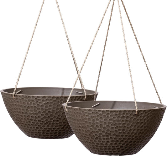 LA JOLIE MUSE Hanging Planters for Outdoor Plants, Large Outdoor Hanging Planters with Drain Holes Ash Brown, Honeycomb (13.2 Inch, Set of 2)