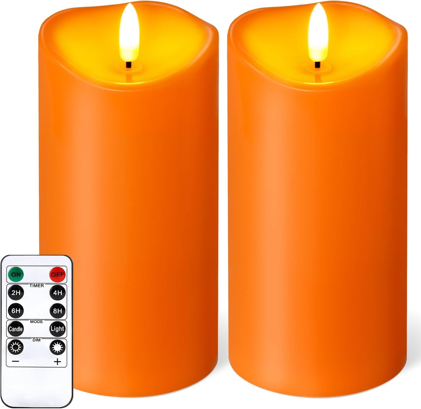 Outdoor Flameless Candles with Remote Timer - Waterproof Realistic Flickering LED Pillar Electric Battery Operated Fake Candle for Halloween Holiday Home Fireplace Decor - Orange 2 Pack (6"6")