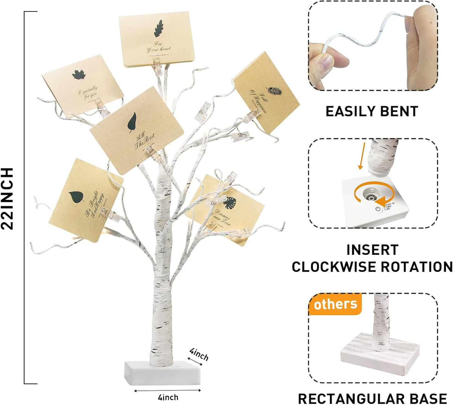 PEIDUO Money Tree, 22 Inch Gift Card Tree Holder with 6 Clips and 6 Greeting Cards, 24 Warm White Birch Tree with Lights, Christmas Tree Card Holder for Birthday Wedding Indoor Xmas Decorations