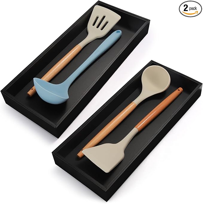 Bamboo Kitchen Drawer Organizer - Set of 2, Stackable Utensil Organizers, Wooden Storage Box Tray for Cabinet, Pantry, Bathroom Countertop, Multi-use Organization and Storage (Black)