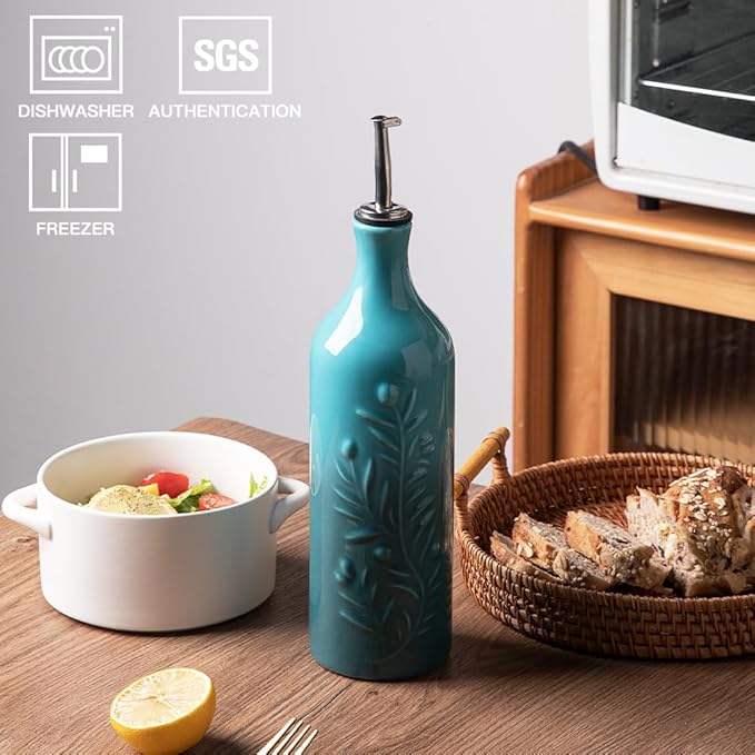 Sweejar Large Olive Oil Dispenser Bottle with Spout, 24 Oz Ceramic Oil Dispenser for Kitchen, Relief Opaque Oil Cruet, Oil Container for Cooking, EVOO, Avocado Oil, Vinegar, Pack of 1 (Gradient Blue)