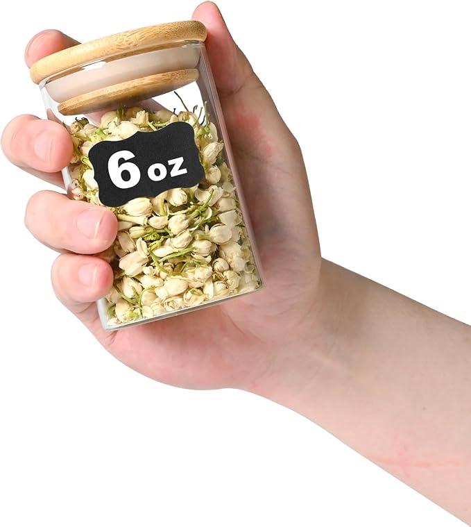 6oz Glass Food Storage Jars, Glass Jars with Bamboo Lids, Kitchen Storage Jars, Set of 6, Canisters with Airtight Lids for Spice, Coffee, Cookie, Pantry Organizers