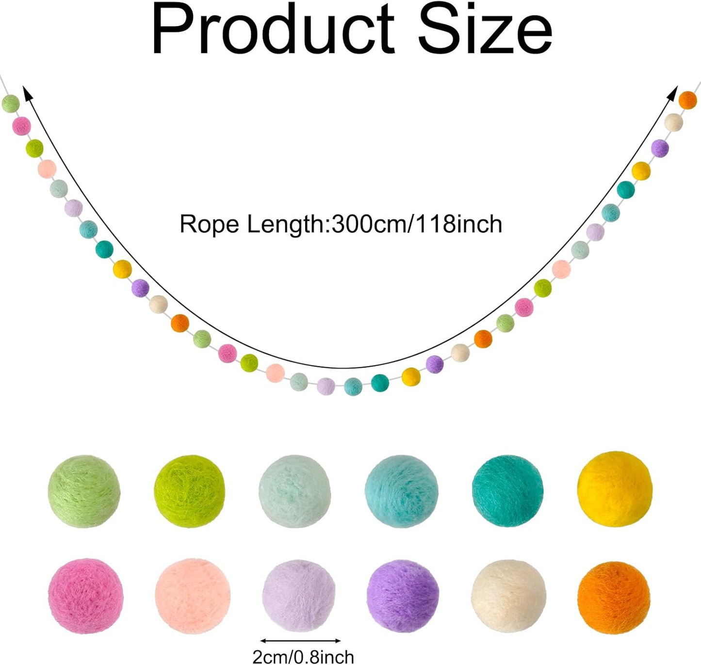 Felt Ball Garland Misscrafts 9.8 Feet 100% Wool Roving Pom Pom Garland 20mm Colorful for Baby Shower Grand Opening Party Festivals Room Decorations