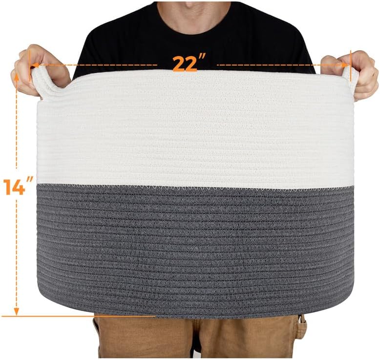 Ravinte Large Storage - 22"x 22"x 14" Blanket Basket for Living Room, Baby Toy Storage, Cotton Rope Woven Laundry (White-Gray)