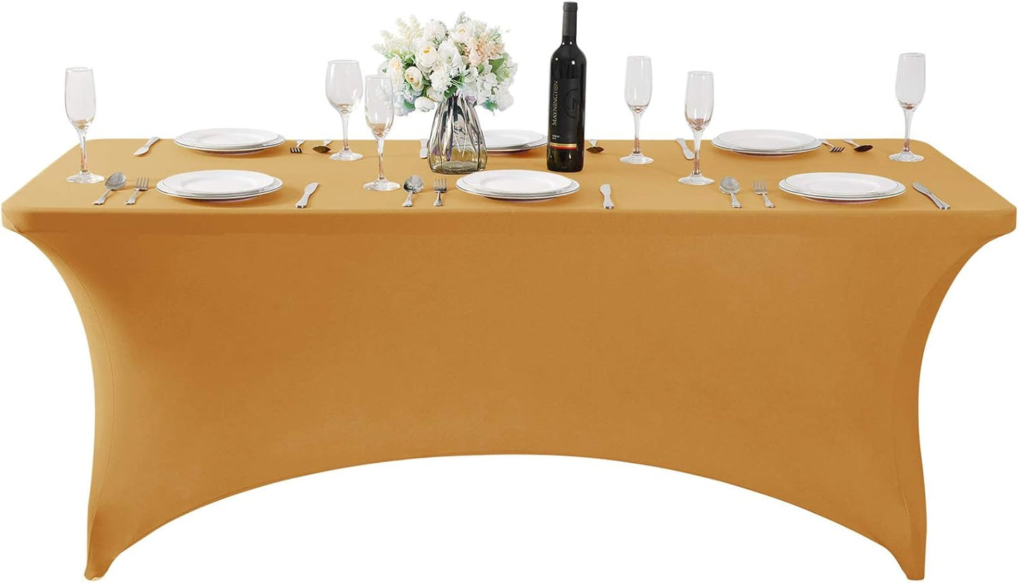 SuperO 2Pack Waterproof Spandex Table Cover for 6FT Table Universal Fitted Stretch Tablecloth for Party, Banquet, Wedding and Events-Gold