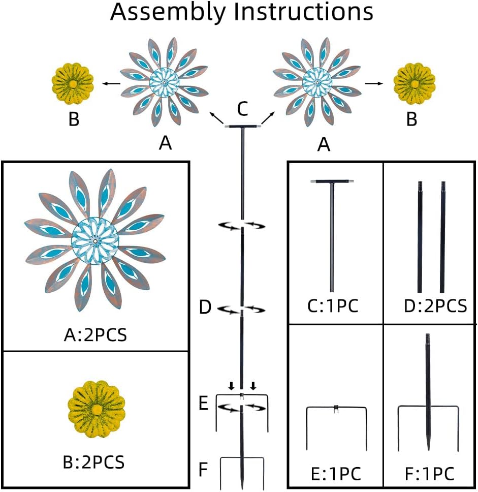 Viveta Wind Spinners,18 * 81" Large Outdoor Wind Spinner,Double-Side Wind Sculpture with 4 Sturdy Stake,Metal Windmill for Yard and Garden