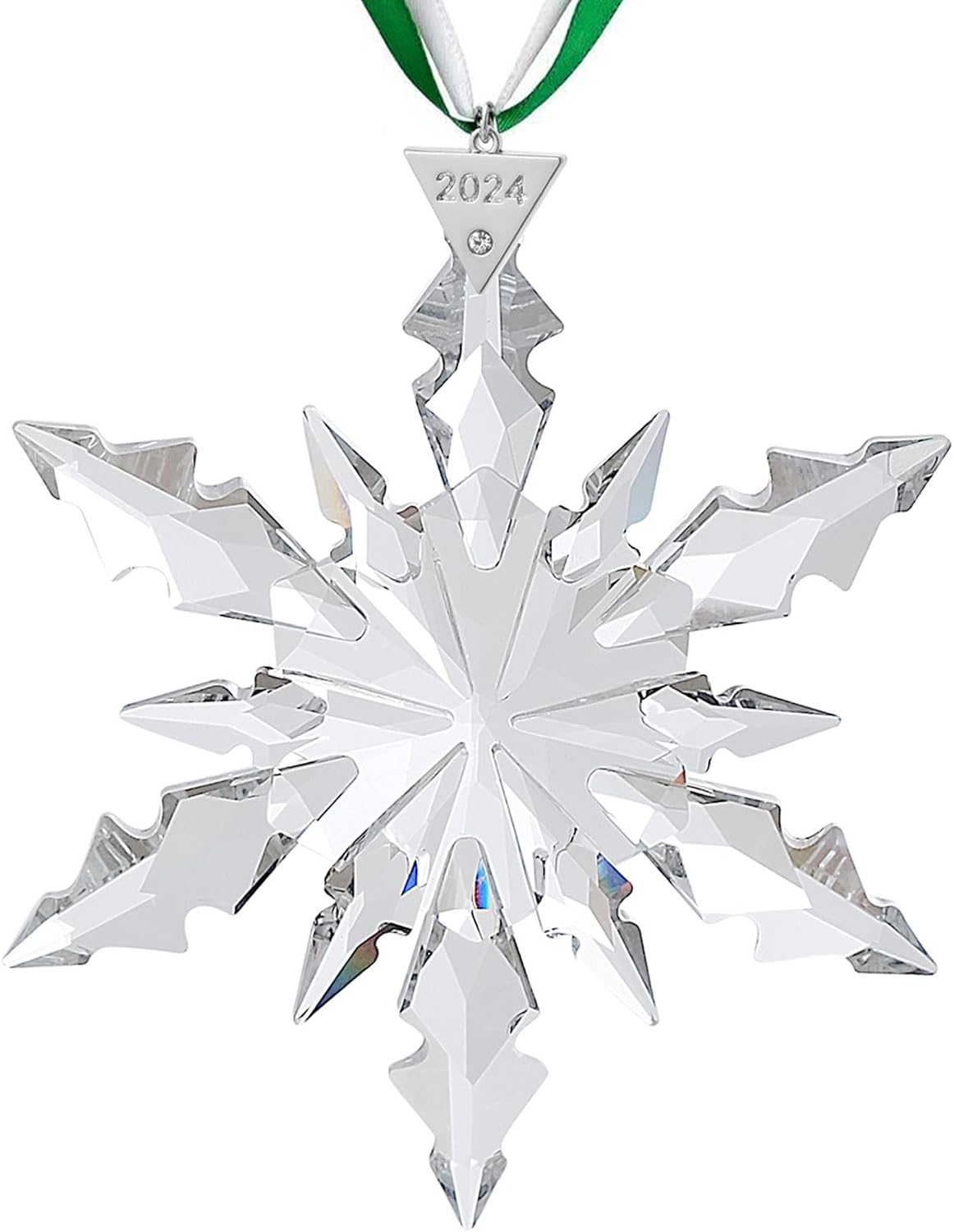2024 Annual Christmas Ornaments Snowflake Star Clear White Faceted Crystal with Tone Metal Accents and Rayon Ribbon-New Year Christmas Tree Ornaments Crystal Sun Catcher Home Hanging Decor