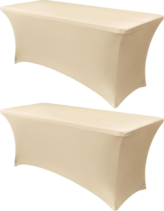 Obstal 8Ft Stretch Spandex Table Cover for Standard Folding Tables - 2 Pack Universal Rectangular Fitted Tablecloth for Party, Banquet, Events, Trade Show (Champagne, 96L x 30W x 30H Inches)