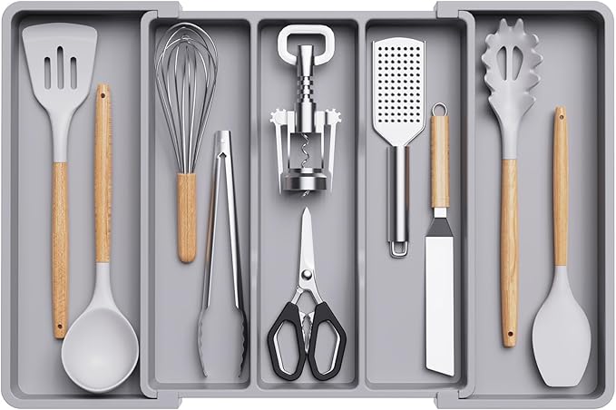 Lifewit Utensil Organizer for Kitchen Drawers, Expandable Cooking Utensil Tray, Adjustable Cutlery Silverware Flatware Holder, Plastic Kitchen Spatula Tools and Gadgets Storage Divider, Large, Gray