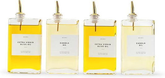 Molimoli Olive Oil Dispenser Bottle for Kitchen, Automatic Pourer, Glass Dispenser for Kitchen, Olive Oil Cruet, | Set of 4 - Gold